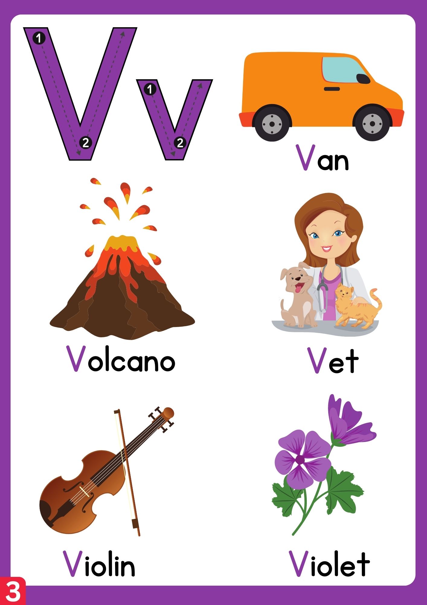 Letter v flashcard with words 3